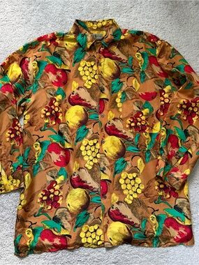Robert Graham Golden Tan Fruit-Print Button Down Shirt with Red & Teal Accents